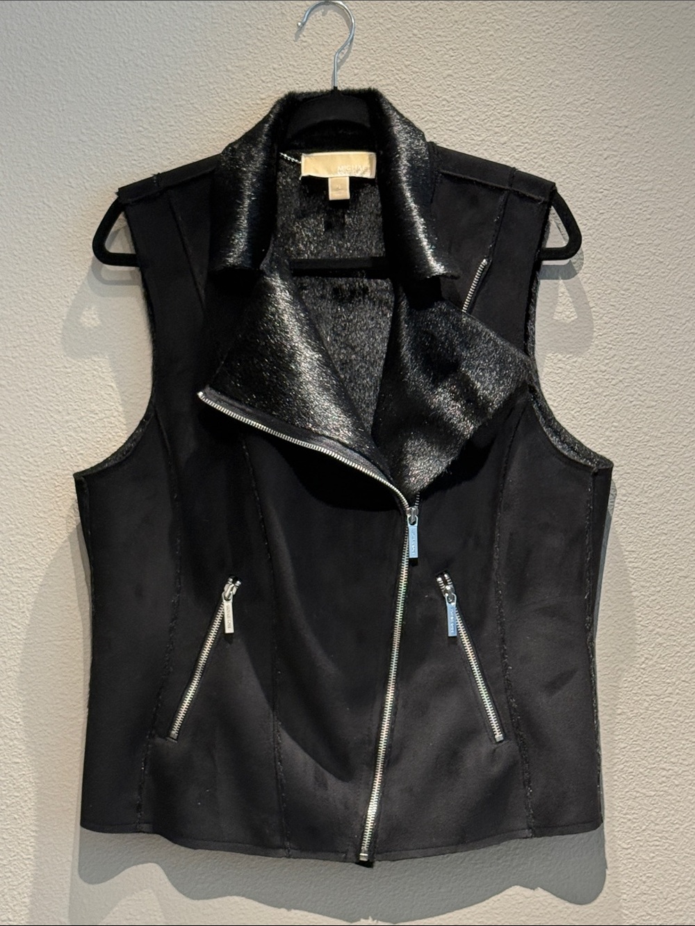 MICHAEL Michael Kors Black Sleeveless Moto Vest with Faux Fur and Suede Finish